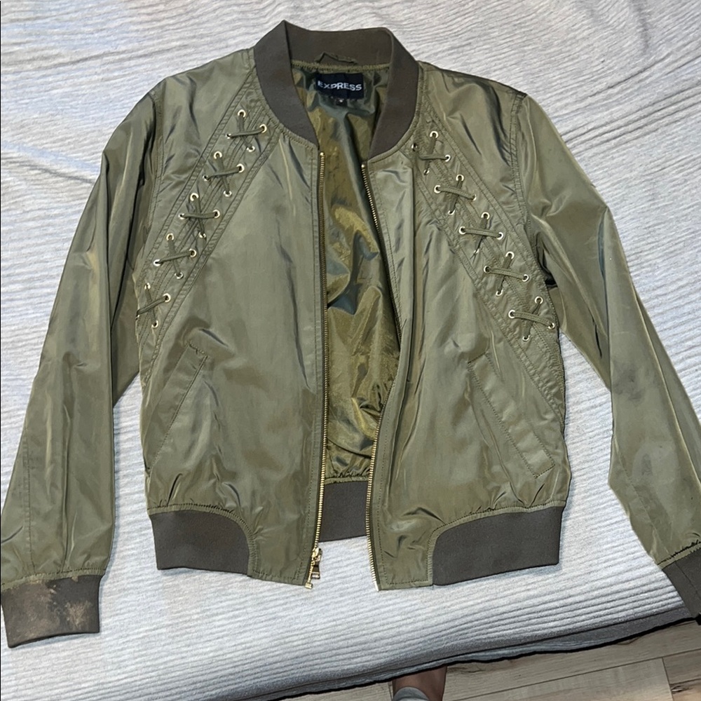 Olive Green Bomber Jacket with Lace-Up Detail
